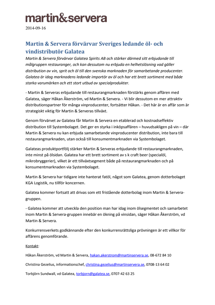 Martin & Servera förvärvar Sveriges ledande öl- och vindistributör Galatea