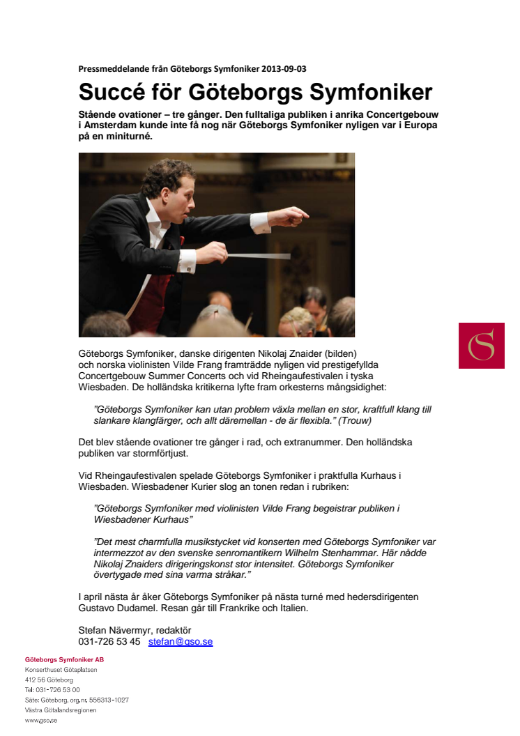 Succé för Göteborgs Symfoniker i Europa