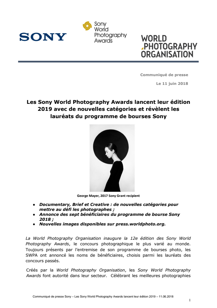 Les Sony World Photography Awards lancent leur édition 2019 avec de nouvelles catégories et révèlent les lauréats du programme de bourses Sony