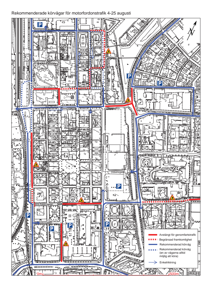 Karta över rekommenderade körvägar i Kristianstad vid ombyggnad 4-25 augusti 2013