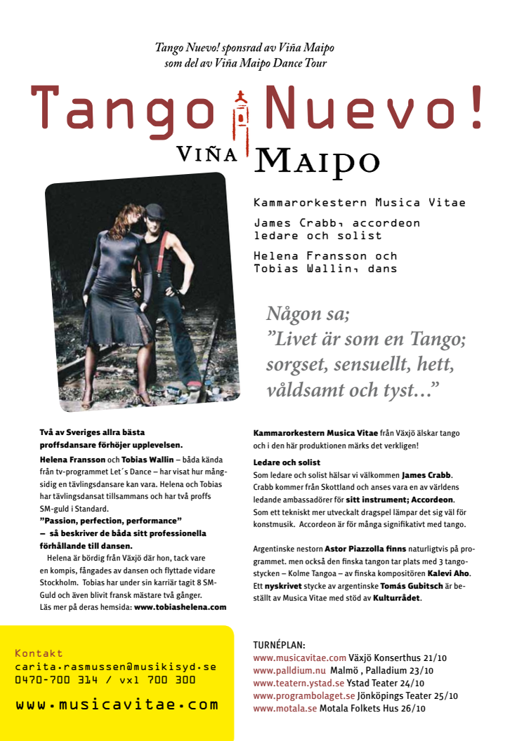 Tango Nuevo med Musica Vitae och dansarna Tobias Wallin och Helena Fransson