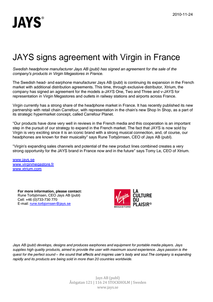JAYS signs agreement with Virgin in France