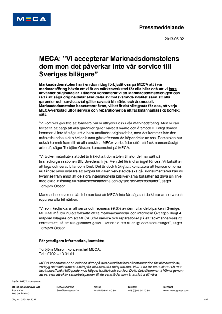 MECA: ”Vi accepterar Marknadsdomstolens dom men det påverkar inte vår service till Sveriges bilägare”
