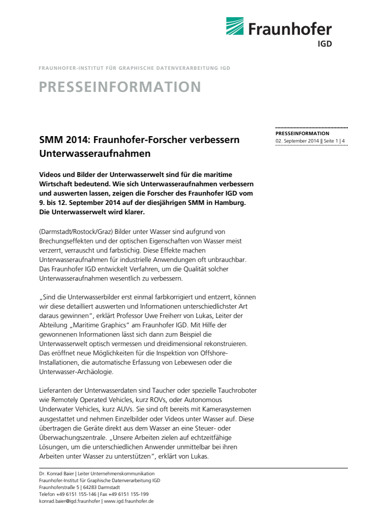 SMM 2014: Fraunhofer-Forscher verbessern Unterwasseraufnahmen