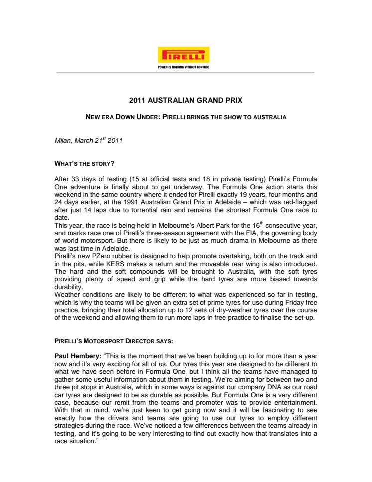 Pirelli Formula 1 press release in English, prewiew Australia