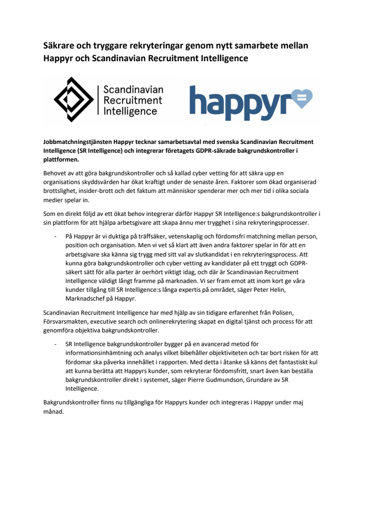 Säkrare och tryggare rekryteringar genom nytt samarbete mellan Happyr och Scandinavian Recruitment Intelligence 