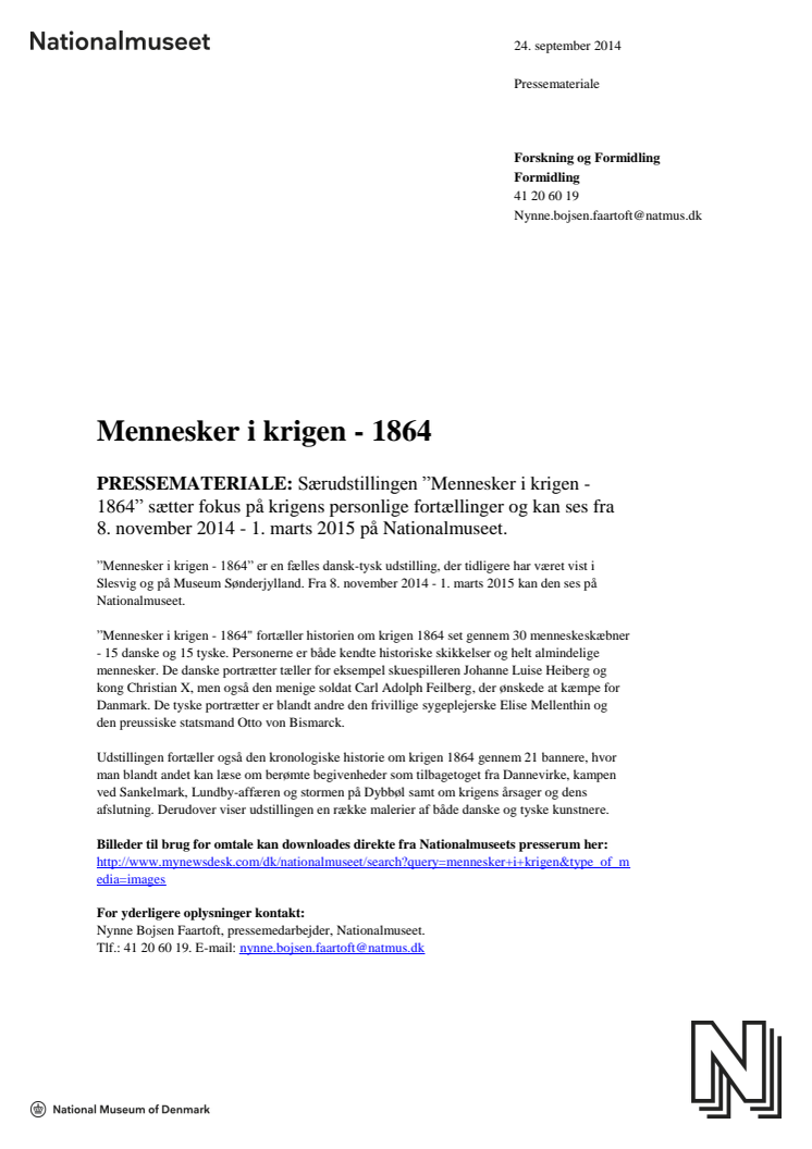 Pressemateriale om "Mennesker i krigen - 1864" - særudstilling på Nationalmuseet 8. november 2014 - 1. marts 2015
