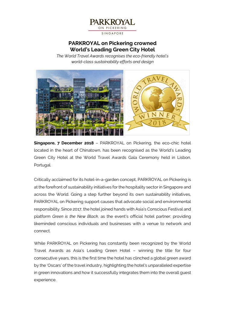 PARKROYAL on Pickering crowned  World’s Leading Green City Hotel