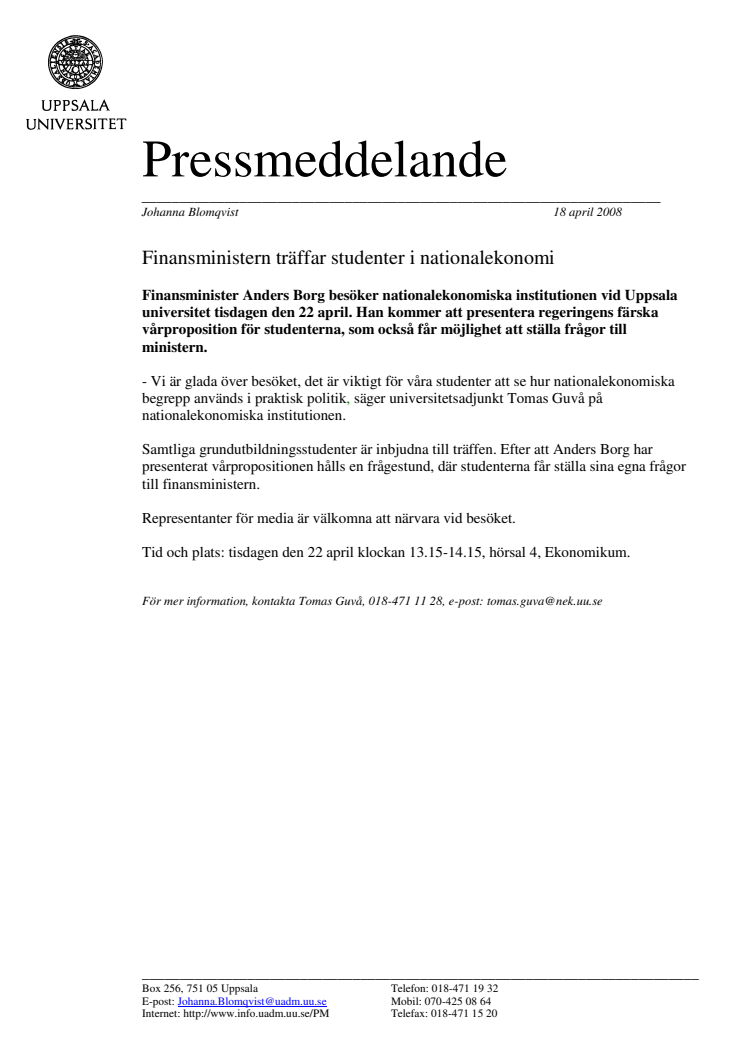 Finansministern träffar studenter i nationalekonomi