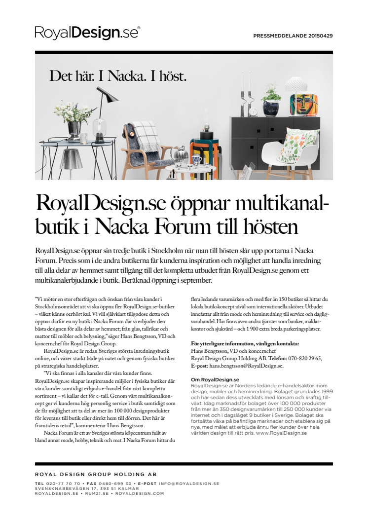 RoyalDesign.se öppnar multikanalbutik i Nacka Forum till hösten