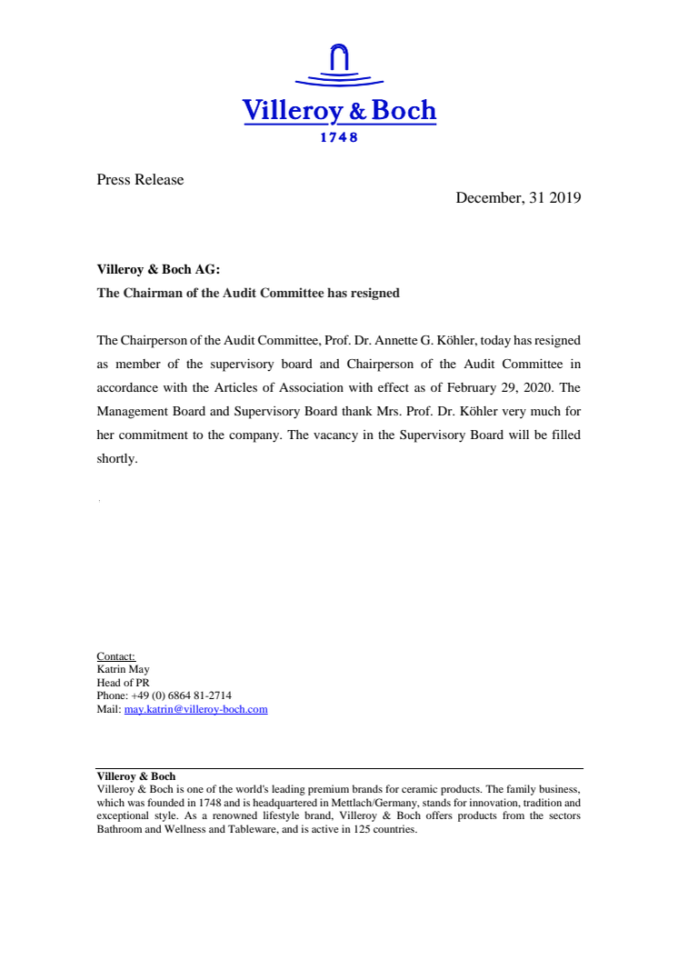 Villeroy & Boch AG: The Chairperson of the Audit Committee has resigned