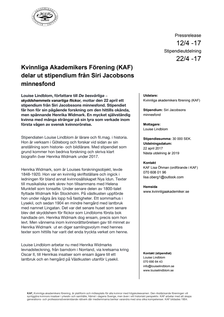 Läraren och historikern Louise Lindblom mottar stipendium från Kvinnliga akademikers förening