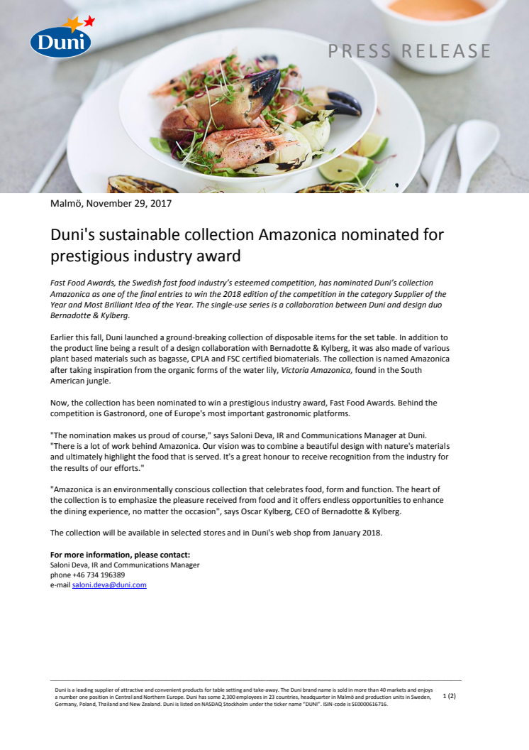 Duni's sustainable collection Amazonica nominated for prestigious industry award