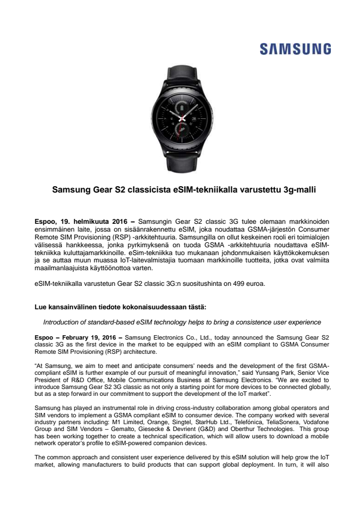  Samsung Gear S2 classicista eSIM-tekniikalla varustettu 3g-malli 