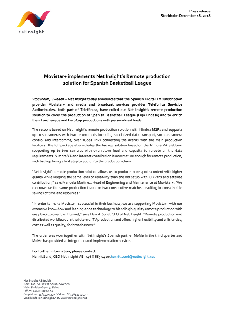 Movistar+ implementerar Net Insights  Remote production-lösning for spanska basketligan