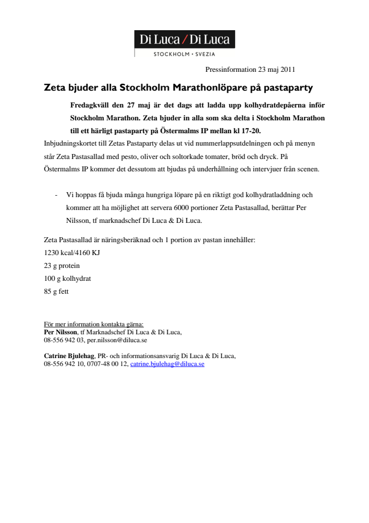 Zeta bjuder alla Stockholm Marathonlöpare på pastaparty