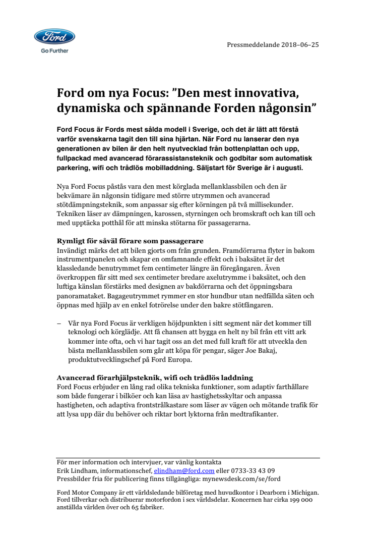 Ford om nya Focus: ”Den mest innovativa, dynamiska och spännande Forden någonsin”