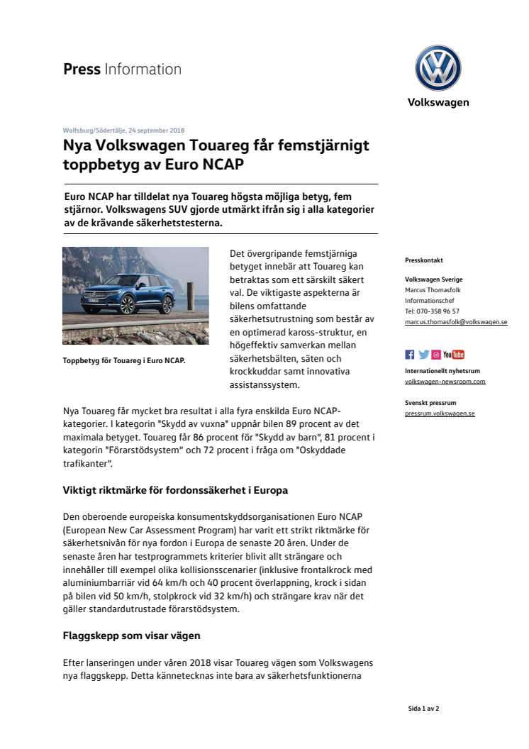 Nya Volkswagen Touareg får femstjärnigt toppbetyg av Euro NCAP