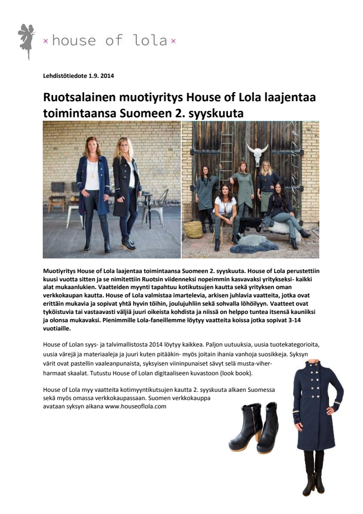 Ruotsalainen muotiyritys House of Lola laajentaa toimintaansa Suomeen 2. syyskuuta
