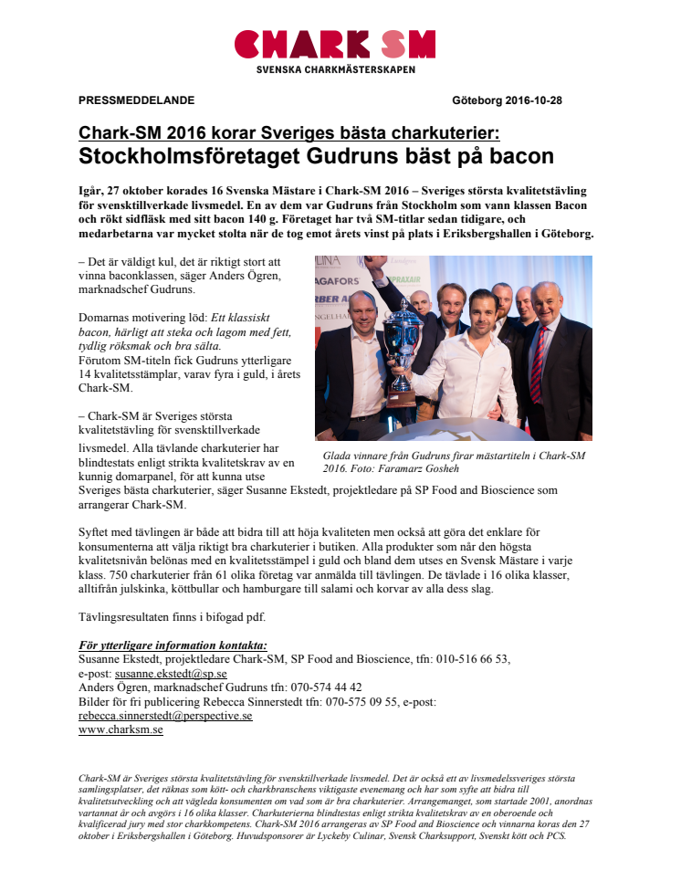 Chark-SM 2016 korar Sveriges bästa charkuterier:  Stockholmsföretaget Gudruns bäst på bacon