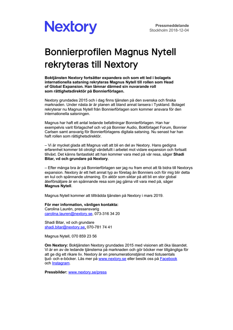 Bonnierprofilen Magnus Nytell rekryteras till Nextory