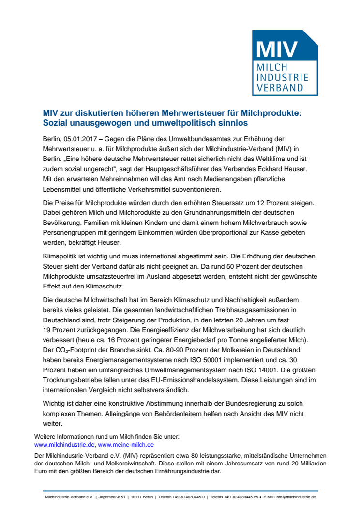 MIV zur diskutierten höheren Mehrwertsteuer für Milchprodukte: Sozial unausgewogen und umweltpolitisch sinnlos