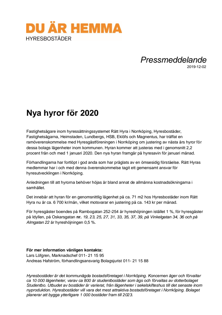 Nya hyror för 2020 