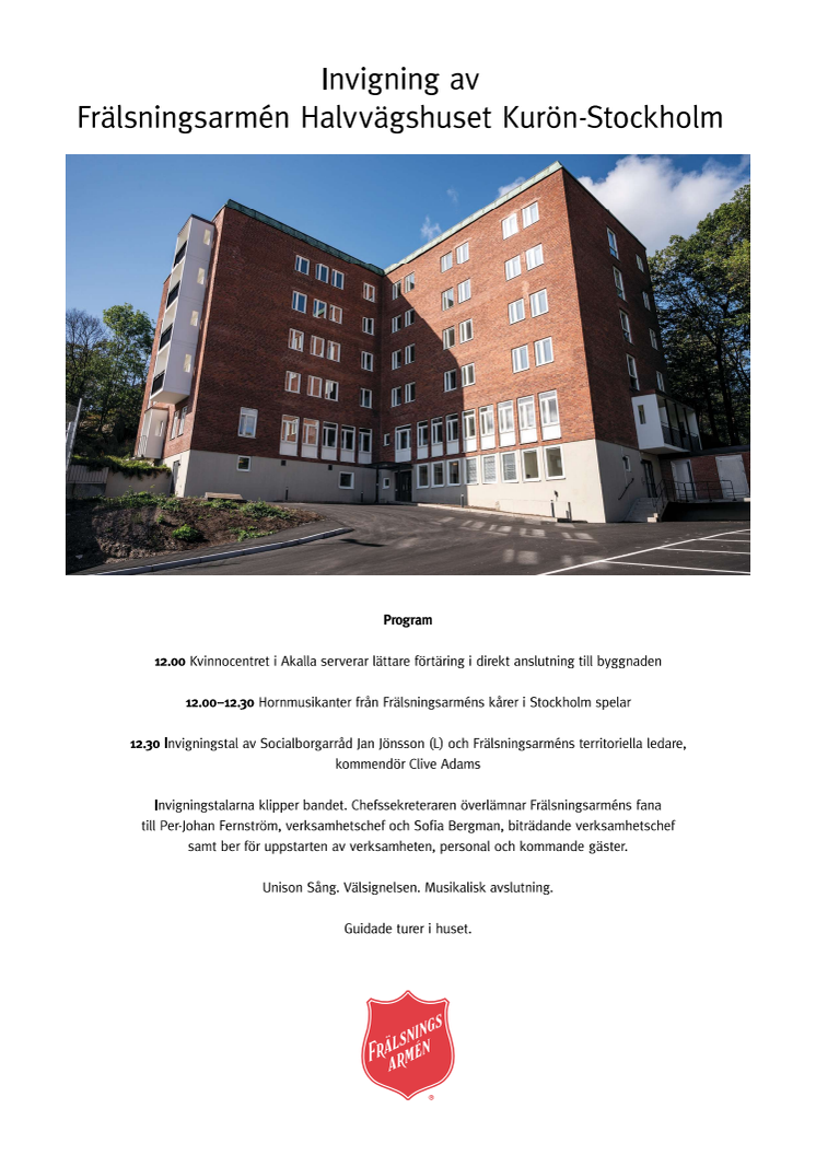 Program för invigning av Frälsningsarmén Halvvägshuset Kurön-Stockholm. 