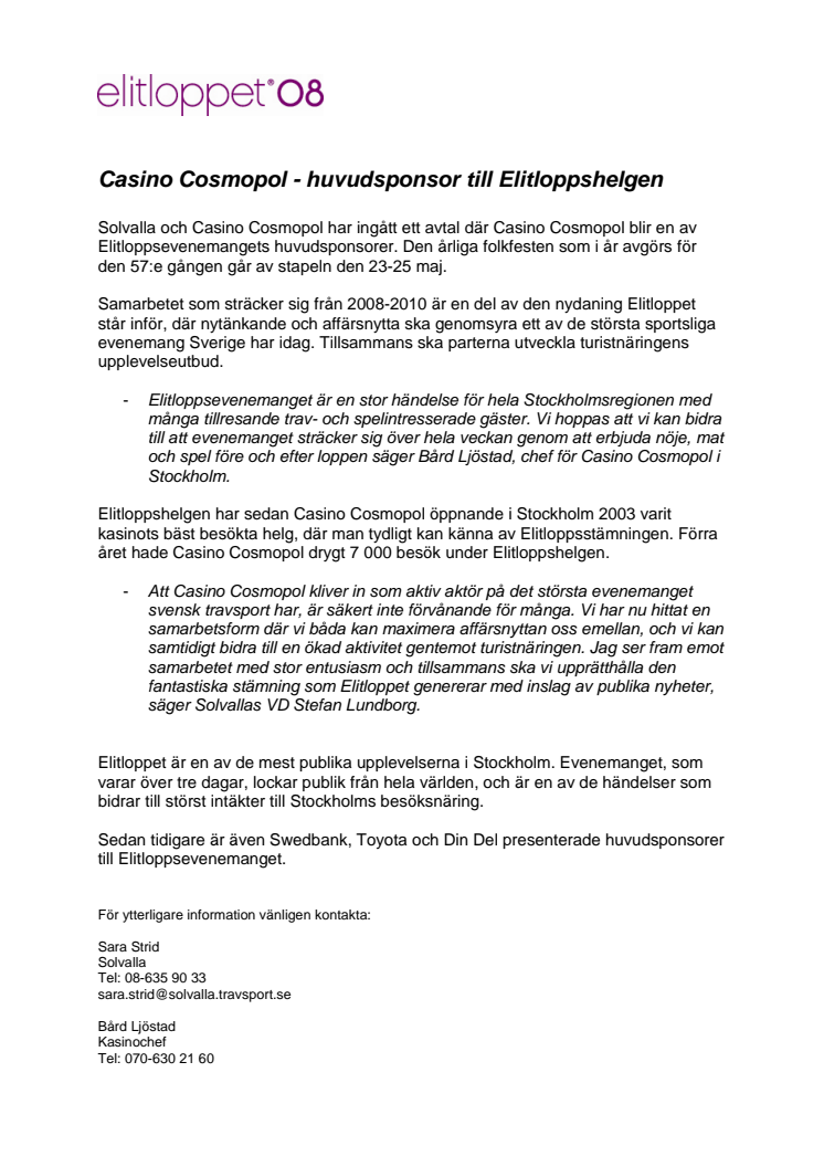 Casino Cosmopol - huvudsponsor till Elitloppshelgen