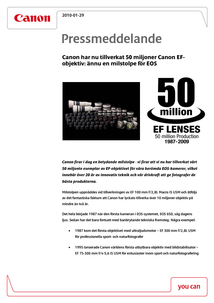 Canon har nu tillverkat 50 miljoner Canon EF-objektiv: ännu en milstolpe för EOS