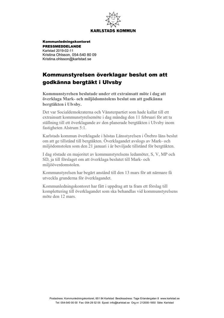 Kommunstyrelsen överklagar beslut om att godkänna bergtäkt i Ulvsby