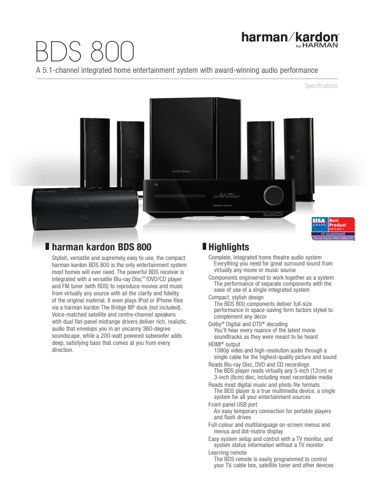 Specification sheet - harman kardon BDS 800 (English)