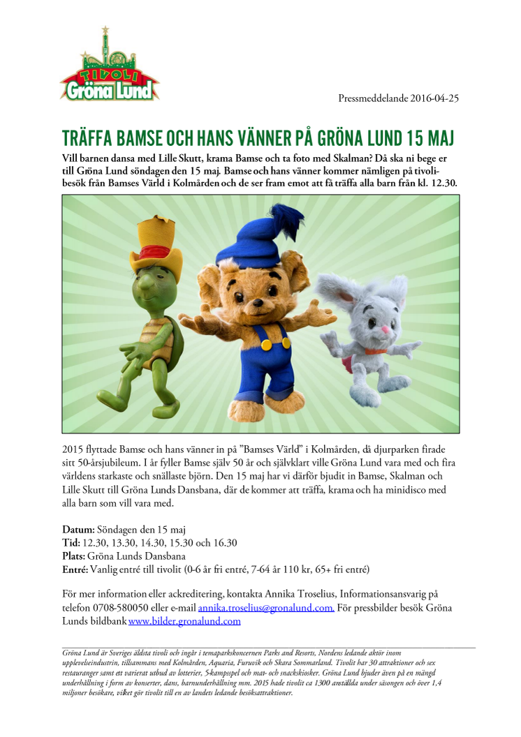 Träffa Bamse och hans vänner på Gröna Lund 15 maj