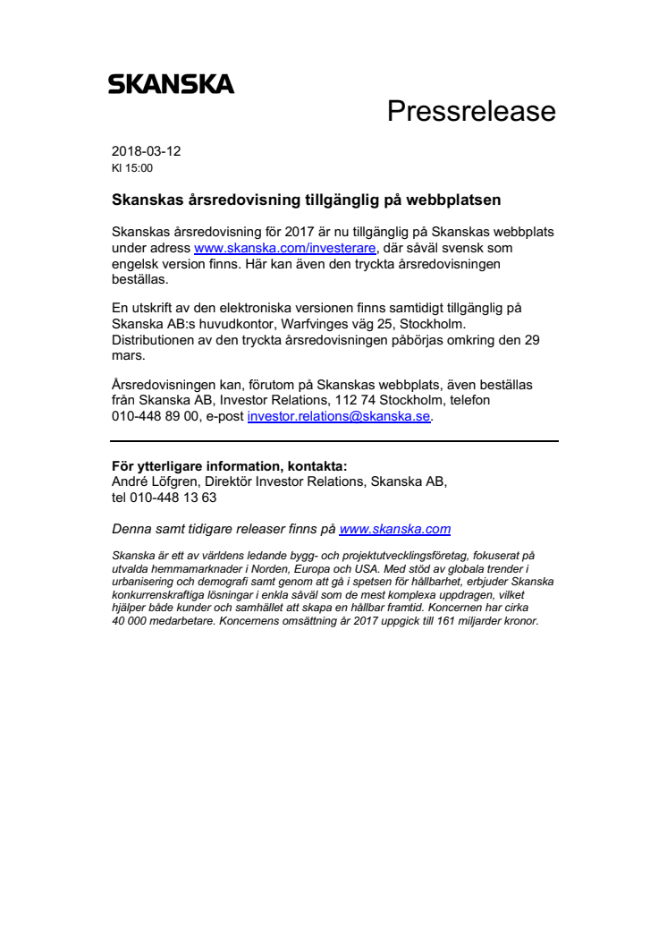Skanskas årsredovisning tillgänglig på webbplatsen