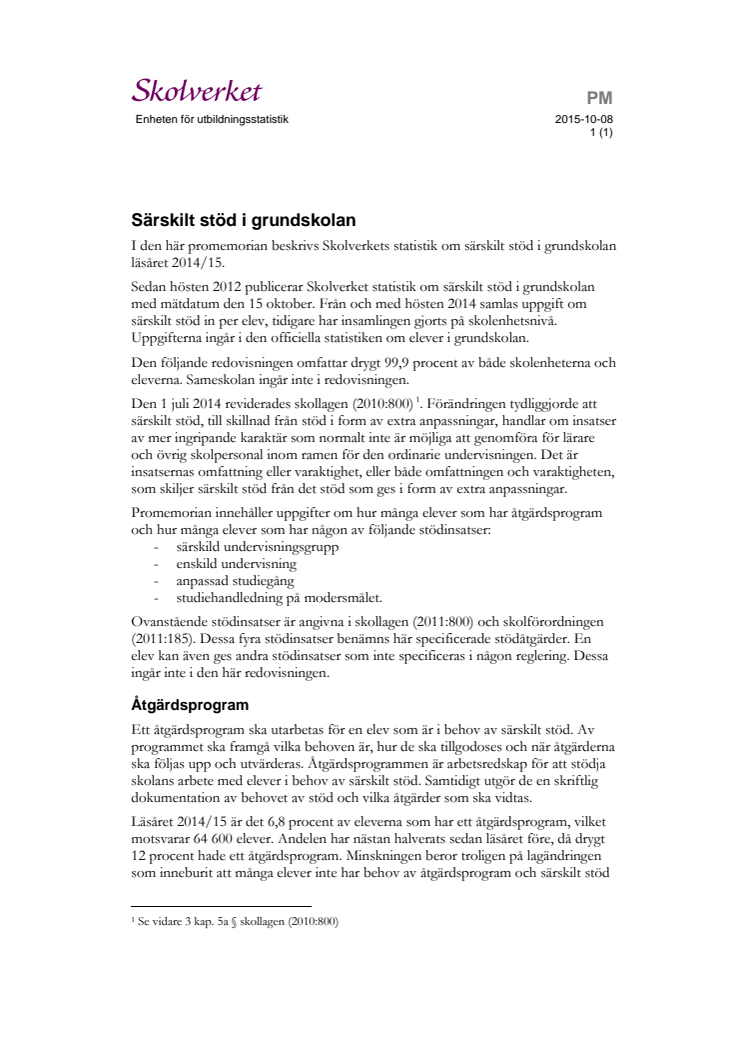 PM: Särskilt stöd i grundskolan 2014/2015