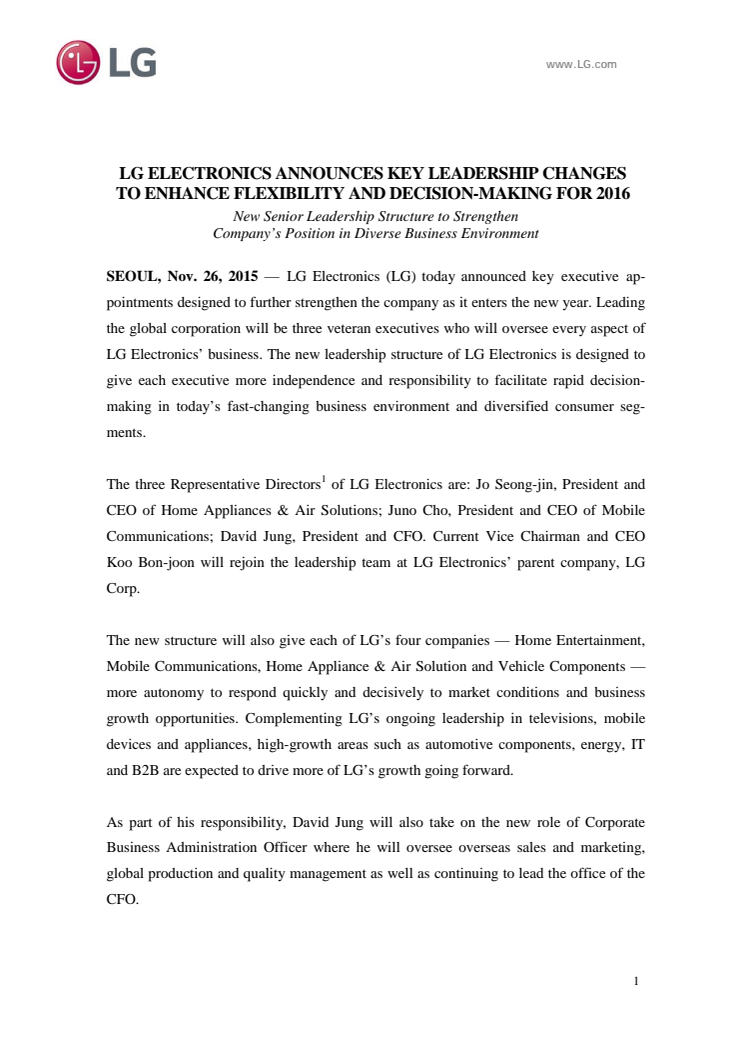 LG ELECTRONICS ANNOUNCES KEY LEADERSHIP CHANGES TO ENHANCE FLEXIBILITY AND DECISION-MAKING FOR 2016