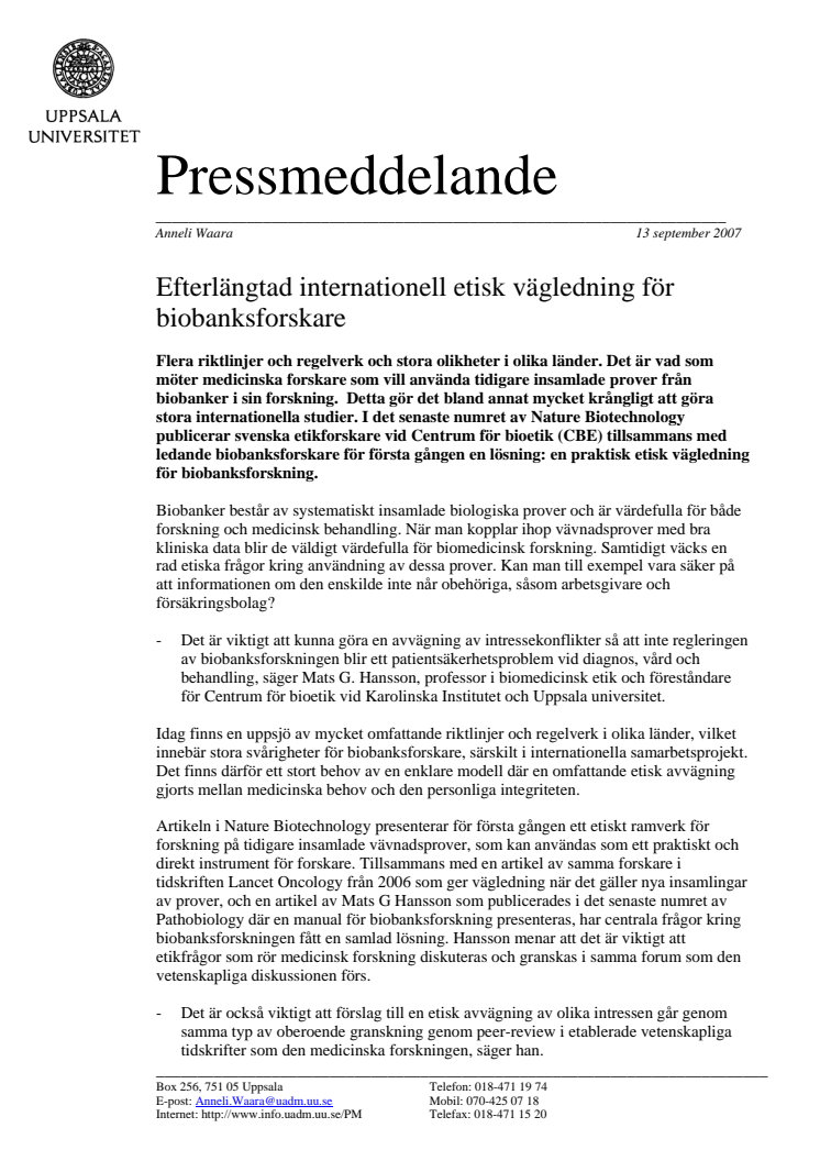 Efterlängtad internationell etisk vägledning för biobanksforskare