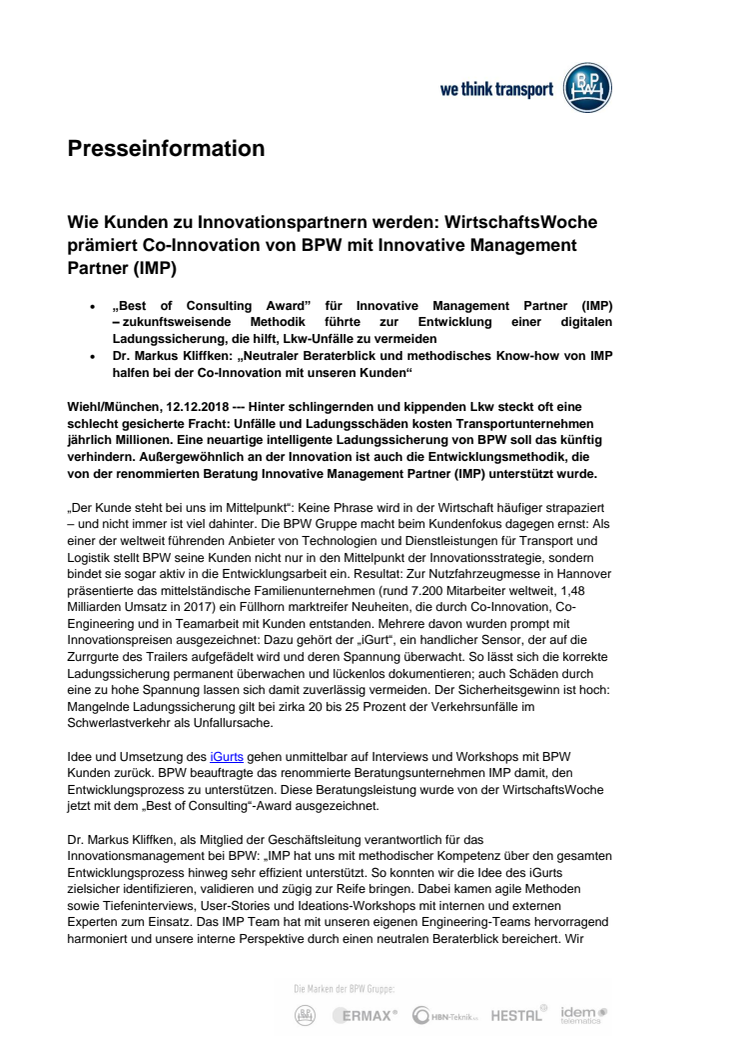 Wie Kunden zu Innovationspartnern werden: WirtschaftsWoche prämiert Co-Innovation von BPW mit Innovative Management Partner (IMP)