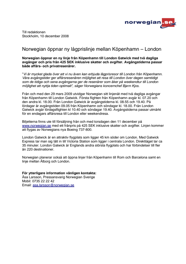 Norwegian öppnar ny lågprislinje mellan Köpenhamn – London 