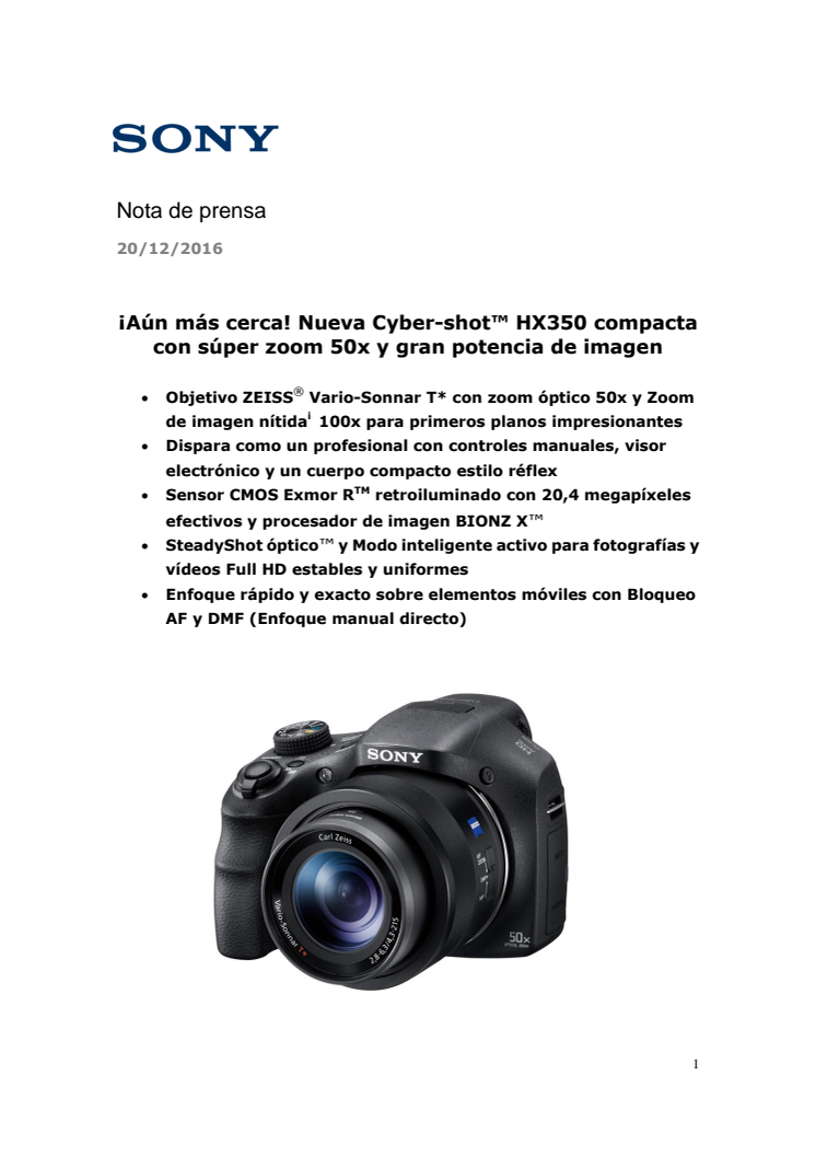 ¡Aún más cerca! Nueva Cyber-shot™ HX350 compacta  con súper zoom 50x y grandes prestaciones