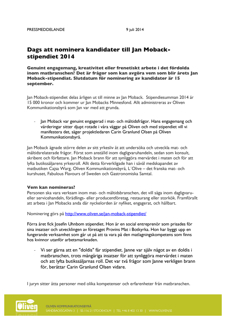 Dags att nominera kandidater till Jan Moback-stipendiet