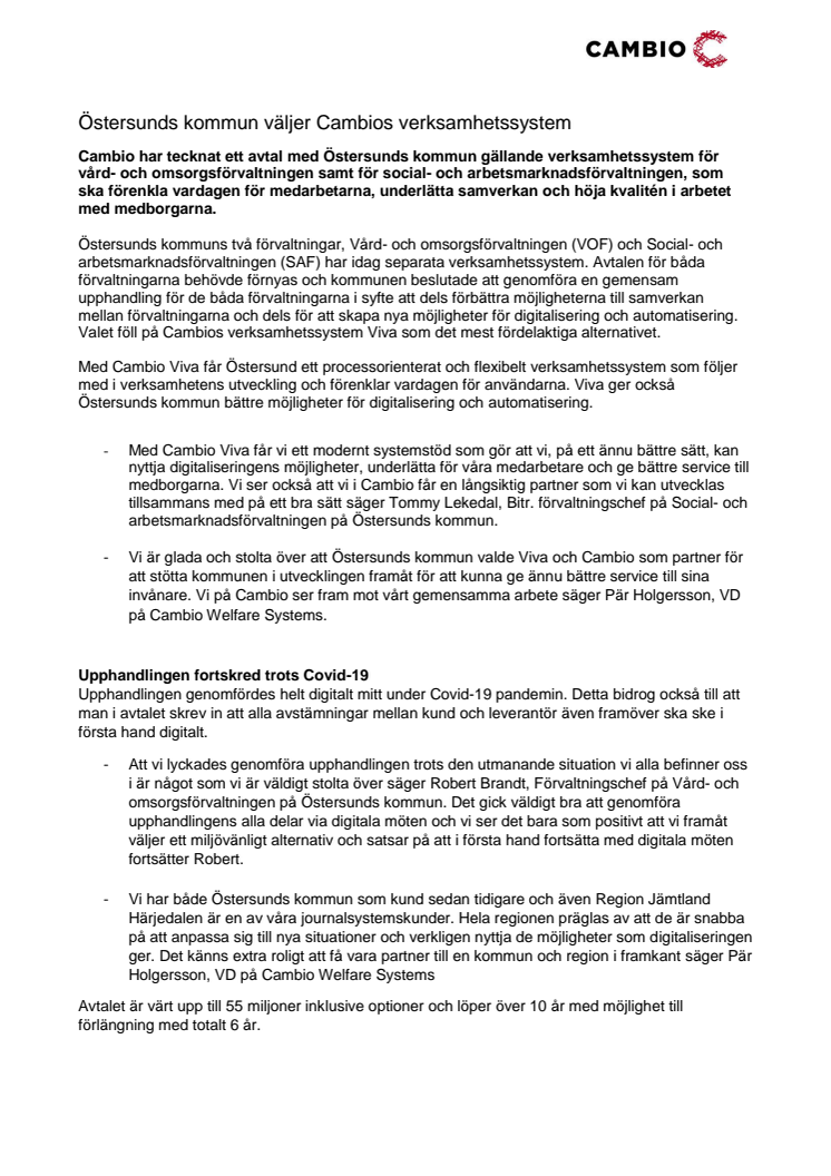 Östersunds kommun väljer Cambios verksamhetssystem