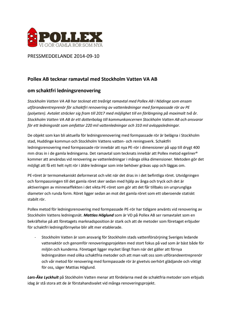 Pollex AB tecknar ramavtal med Stockholm Vatten VA AB om schaktfri ledningsrenovering