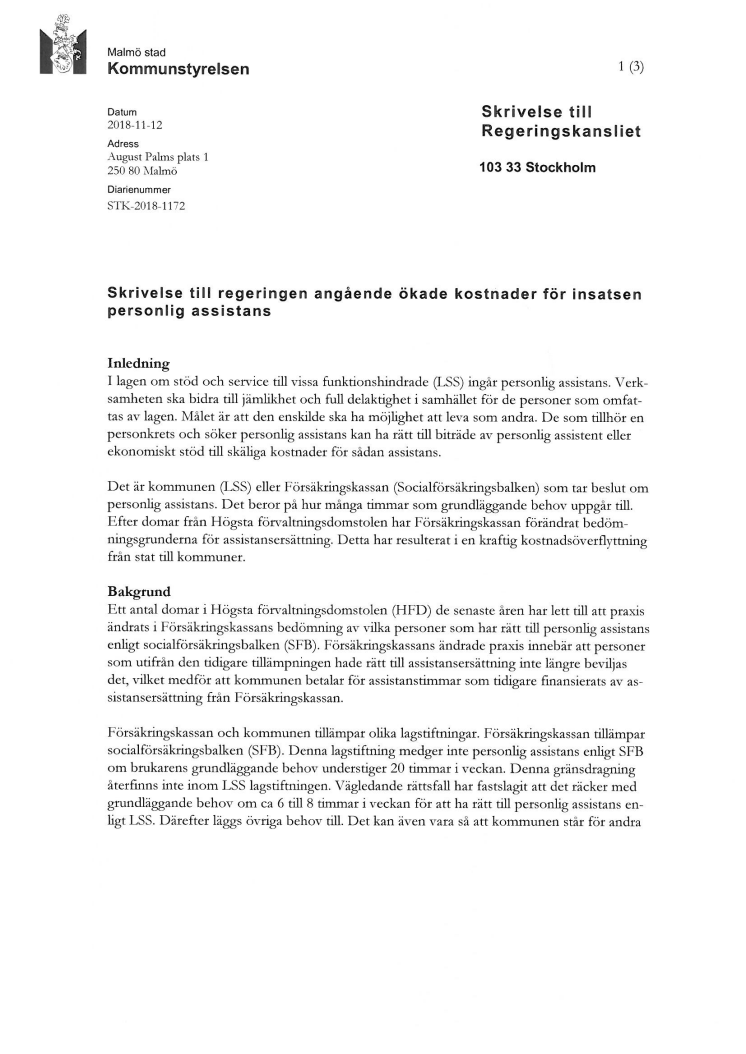 Malmö stad kräver ersättning för ökade kostnader för personlig assistans - övervältring drabbar utsatt grupp