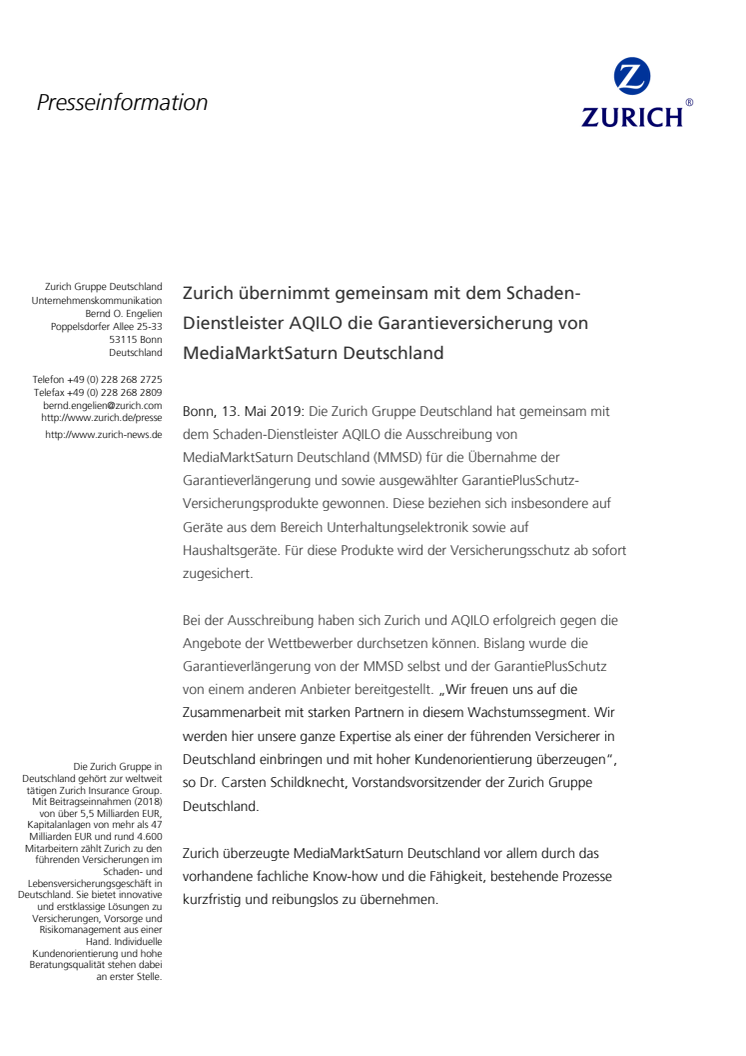 Zurich übernimmt gemeinsam mit dem Schaden-Dienstleister AQILO die Garantieversicherung von MediaMarktSaturn Deutschland