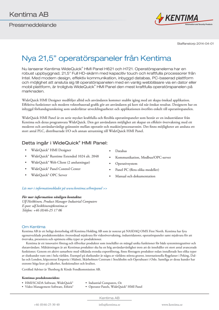 Nya 21,5” operatörspaneler från Kentima