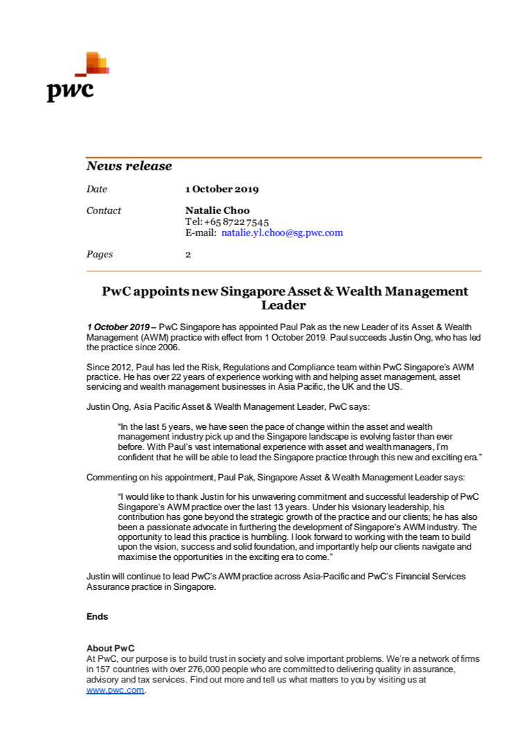 PwC appoints new Singapore Asset & Wealth Management Leader