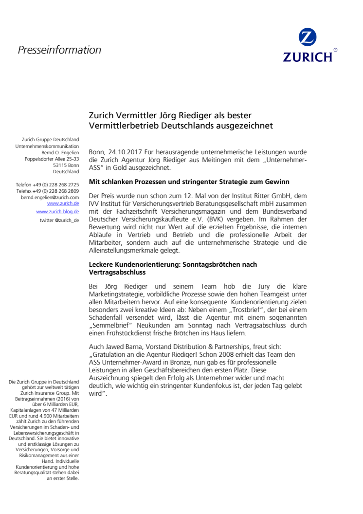 Zurich Agentur Jörg Riediger als bester Vermittlerbetrieb Deutschlands ausgezeichnet 