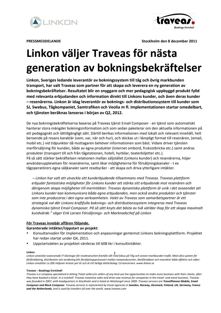 Linkon väljer Traveas för nästa generation av bokningsbekräftelser  