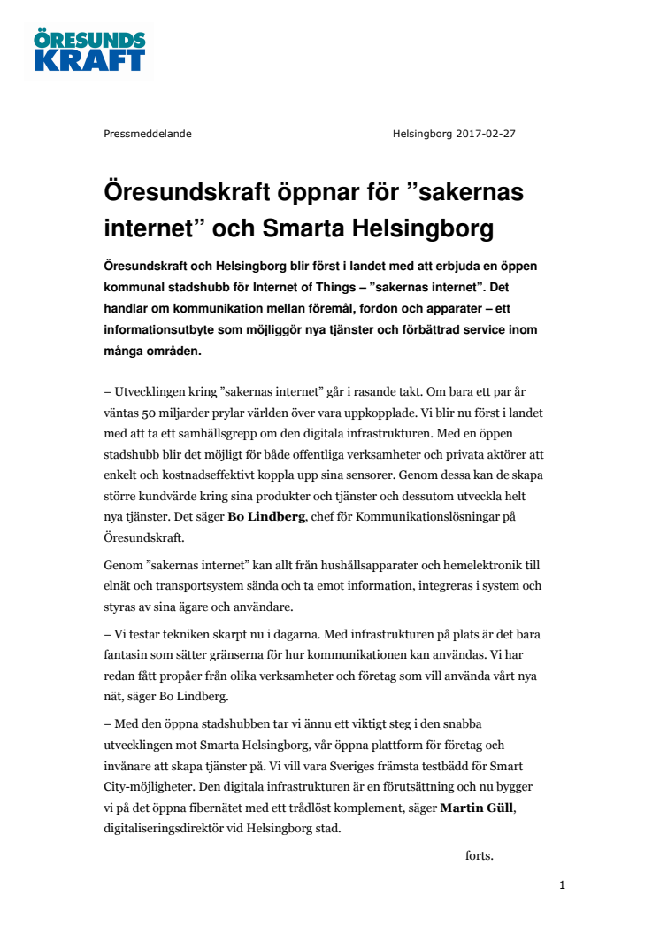 Öresundskraft öppnar för ”sakernas internet” och Smarta Helsingborg